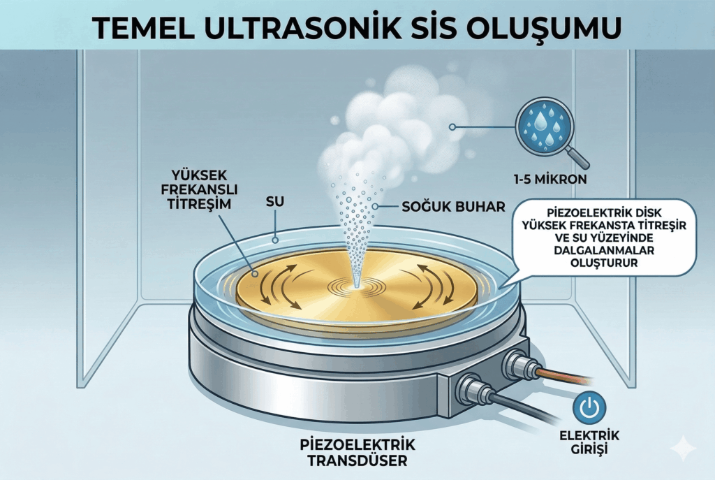 Ultrasonik nemlendirici nasıl çalışır piezo disk sis oluşumu diyagramı